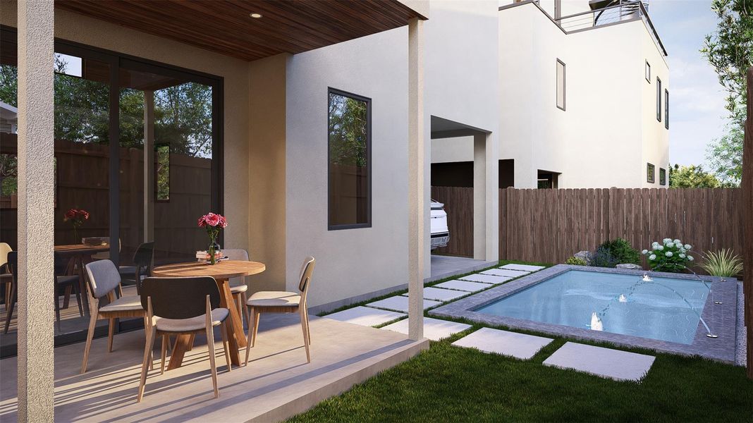 The property features a private patio area, a swimming pool with water features, and a lawn