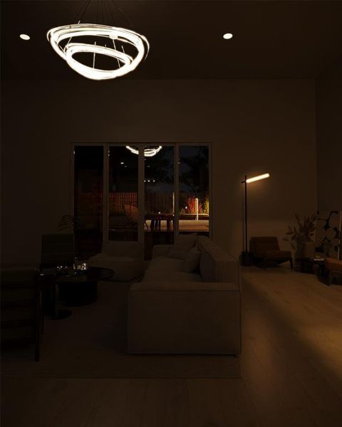 Relax in the darkness of night in your living room. All photos are virtual renderings. Actual finishes and details may vary.