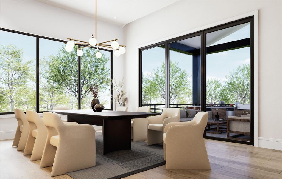 Bathed in natural light from wraparound windows, this bright dining space suggests a tranquil setting for everyday meals or special occasions. While the views of the treetops outside creates an airy, uplifting ambiance where comfort and elegance meet effortlessly.
