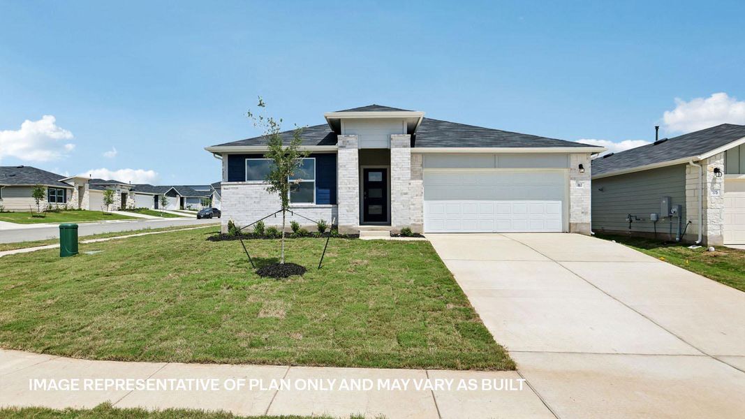 Front exterior of a new home in Southgrove, Kyle, TX, highlighting curb appeal (Image 2). Front exterior of a new home in Southgrove, Kyle, TX, highlighting curb appeal (Image 2).