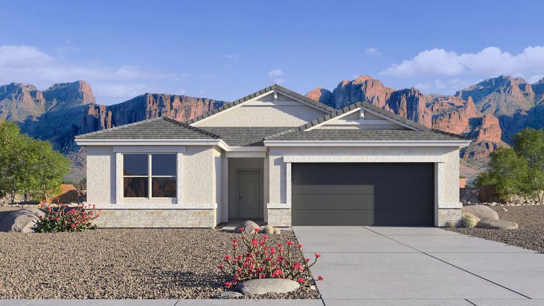 Representative exterior photo of a completed home built from the Taylor by D.R. Horton in Radiance at Superstition Vistas, Apache Junction, AZ (Image 4). Representative exterior photo of a completed home built from the Taylor by D.R. Horton in Radiance at Superstition Vistas, Apache Junction, AZ (Image 4).