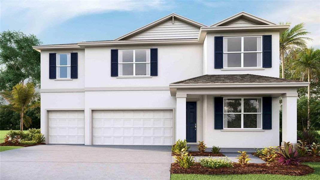 Front exterior of a new home in Woodcreek, Wesley Chapel, FL, highlighting curb appeal (Image 1). Front exterior of a new home in Woodcreek, Wesley Chapel, FL, highlighting curb appeal (Image 1).