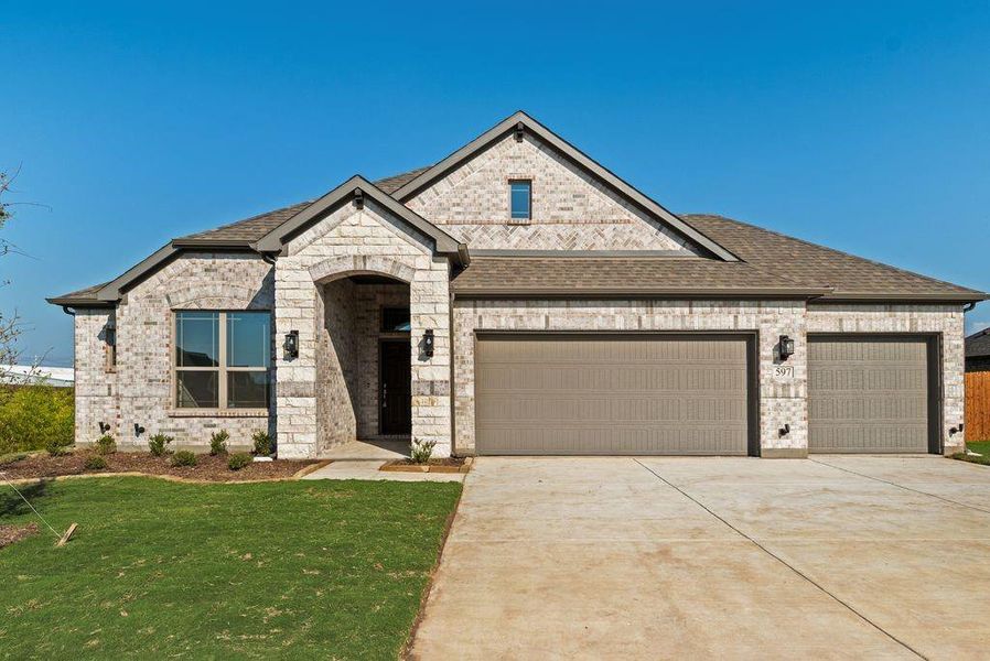 Front exterior of a new home in , Pilot Point, TX, highlighting curb appeal (Image 1).