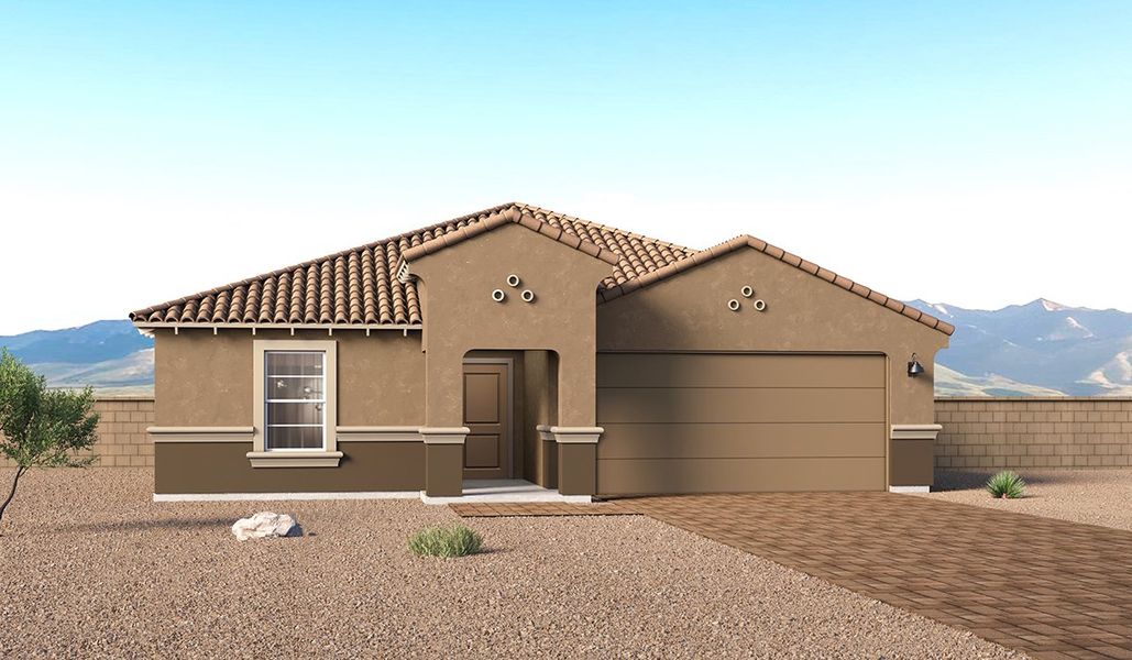Front exterior of a new home in Entrada Del Toro at Rancho Sahuarita, Sahuarita, AZ, highlighting curb appeal (Image 1). Front exterior of a new home in Entrada Del Toro at Rancho Sahuarita, Sahuarita, AZ, highlighting curb appeal (Image 1).