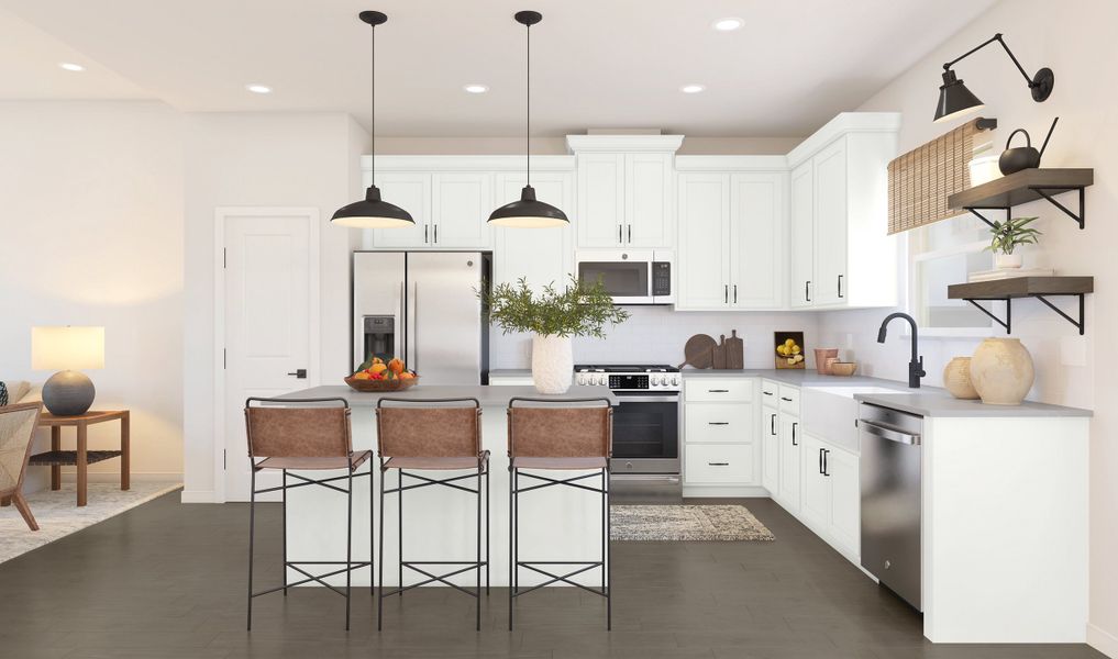 Kitchen with vast island & floating shelves Kitchen with vast island & floating shelves