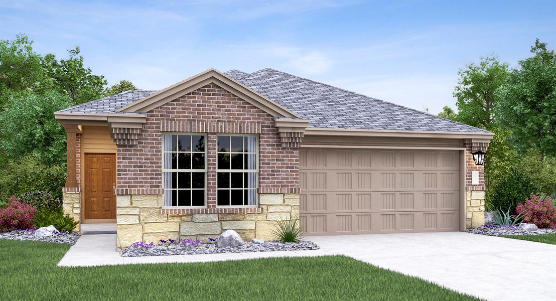 Front exterior of a new home in Meadowlark Preserve, Pflugerville, TX, highlighting curb appeal (Image 15).