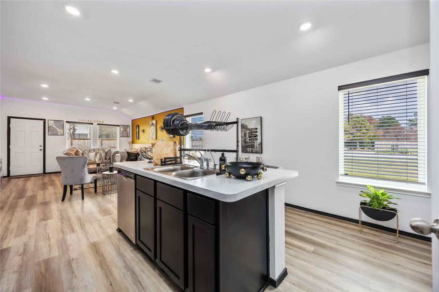 This photo showcases a modern open-concept living space with natural light. The kitchen features a sleek island with a double sink, overlooking a cozy living area with large windows.