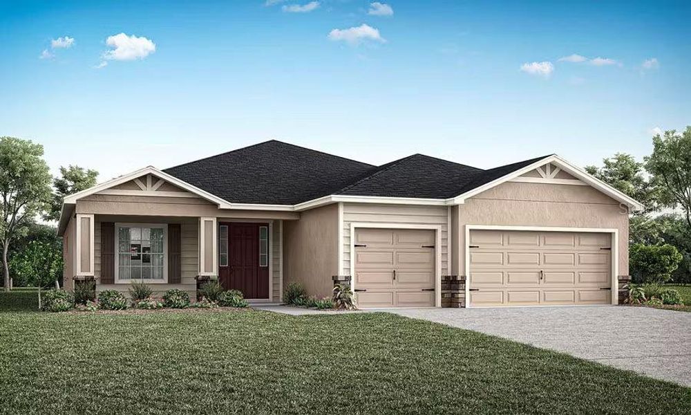 Front exterior of a new home in The Crossings - Single-Family Homes, St. Cloud, FL, highlighting curb appeal (Image 1).