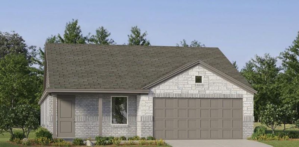 Two-tone brick and stone exterior with a paneled garage door and an asphalt shingle roof Two-tone brick and stone exterior with a paneled garage door and an asphalt shingle roof