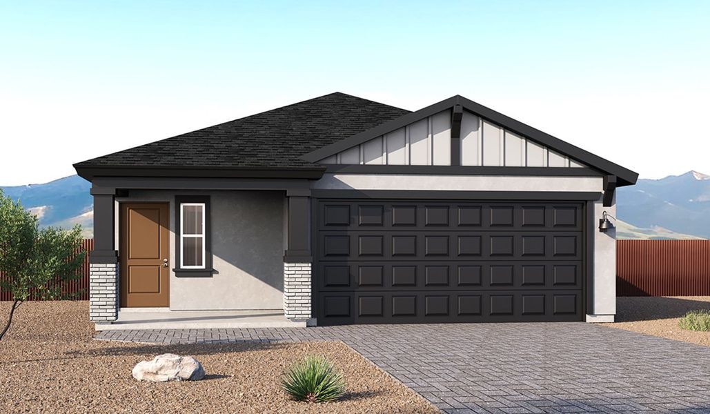 Front exterior of a new home in Redford Estates, Tucson, AZ, highlighting curb appeal (Image 1). Front exterior of a new home in Redford Estates, Tucson, AZ, highlighting curb appeal (Image 1).