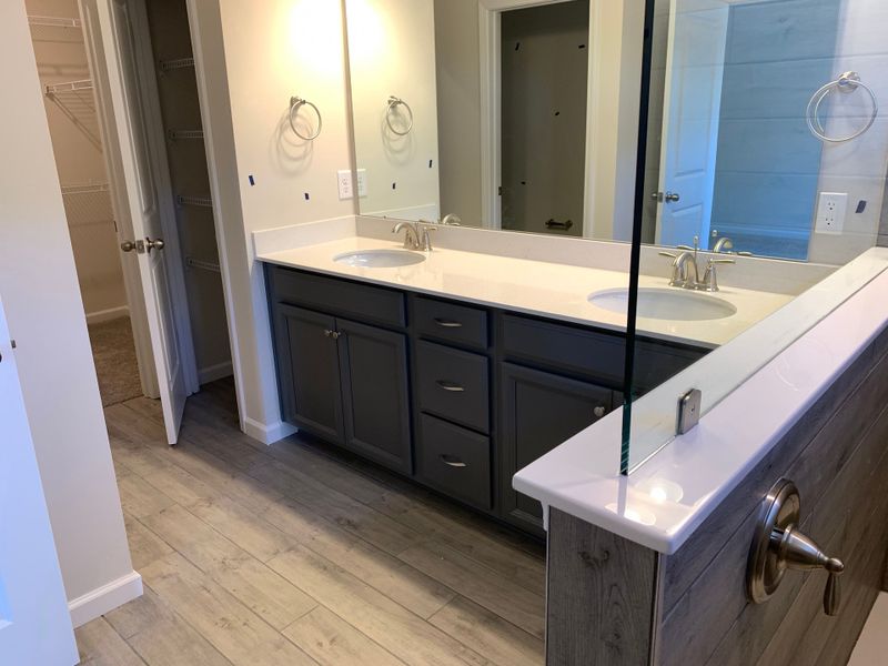 Owner's bathroom with duel sinks and open shower