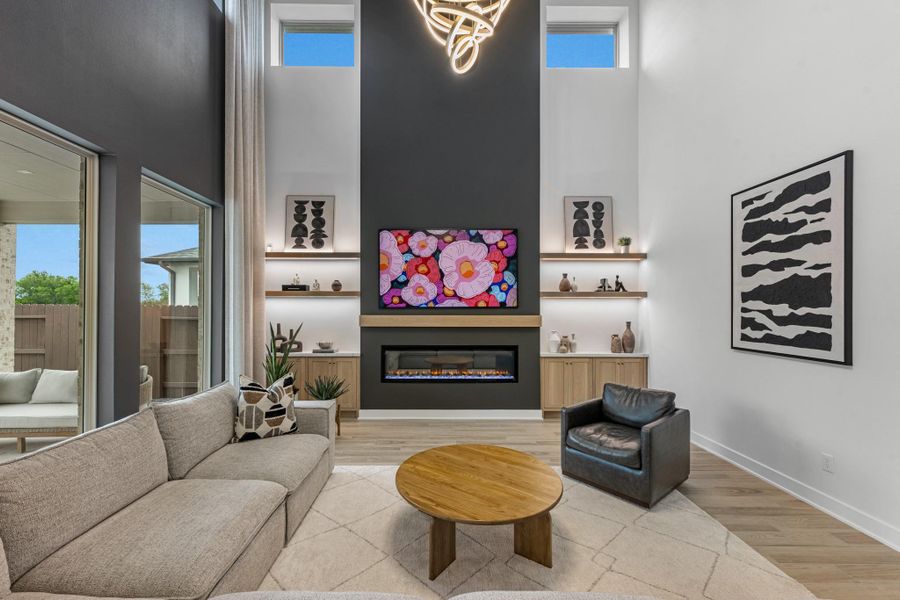 Living room with custom built-ins.