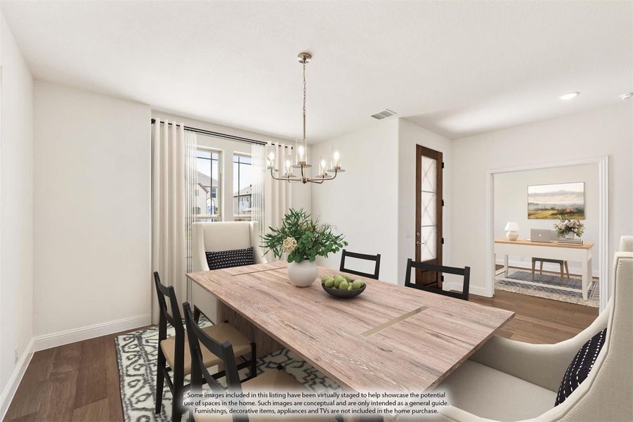 Dining room with wood table, black chairs, chandelier, and hardwood floors open to a home office Dining room with wood table, black chairs, chandelier, and hardwood floors open to a home office