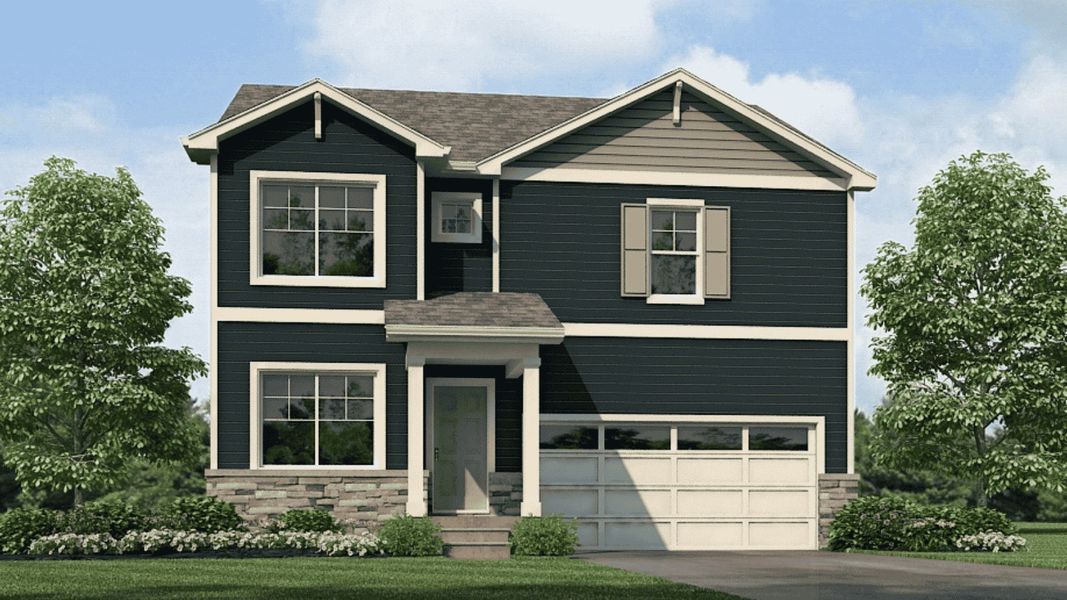 Front exterior of a new home in Lakeside Canyon, Mead, CO, highlighting curb appeal (Image 1). Front exterior of a new home in Lakeside Canyon, Mead, CO, highlighting curb appeal (Image 1).