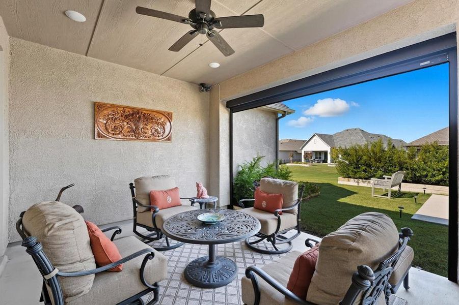 View of patio / terrace featuring ceiling fan
