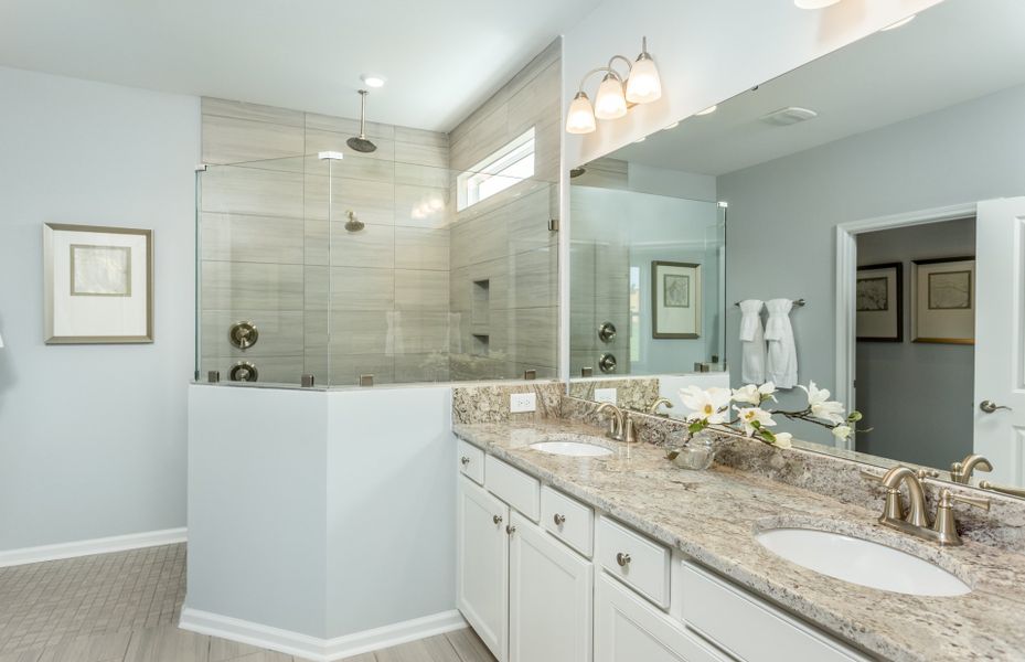 Owner's Bath with Dual Bowl Vanity and Walk-In Shower