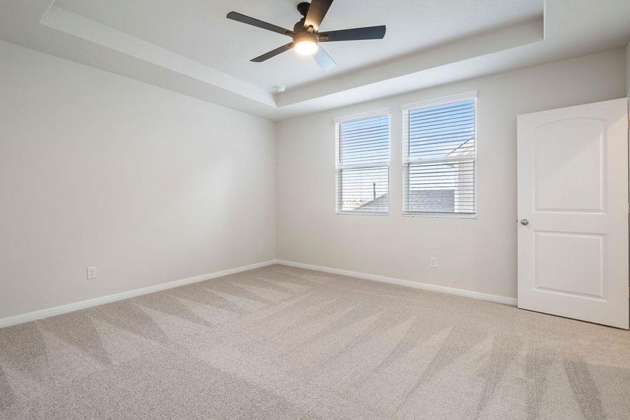 Unfurnished room with light colored carpet, a raised ceiling, and a ceiling fan