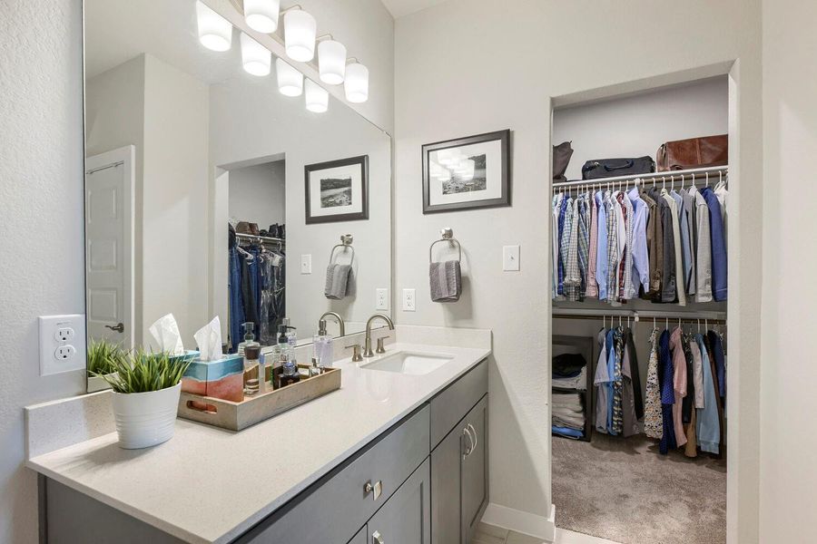 A sleek vanity with ample counter space and well-organized storage. A sleek vanity with ample counter space and well-organized storage.