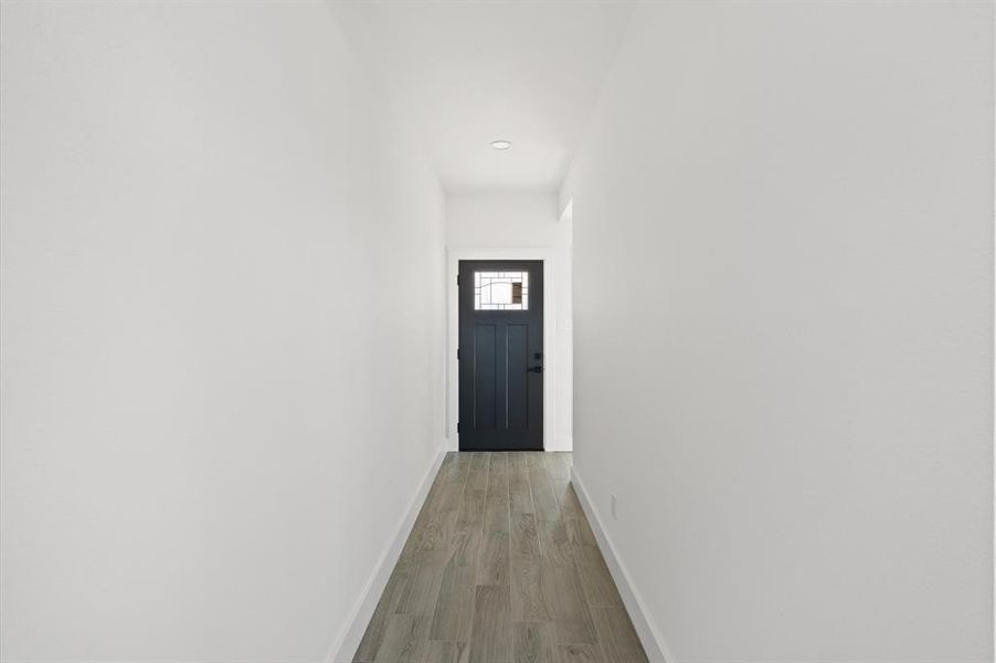 This is a bright and modern hallway featuring light-colored wood flooring, neutral walls, and a stylish dark door at the end with glass panels, providing a sleek and inviting entrance to the space.