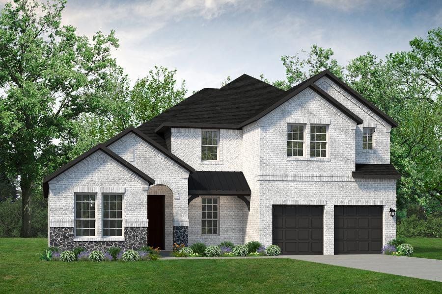 Front exterior of a new home in Edgewater, Fate, TX, highlighting curb appeal (Image 1).