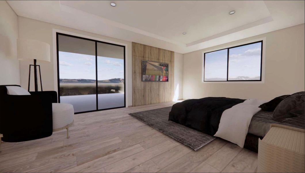 RENDERING - Bedroom with a raised ceiling, access to outside, light wood-style flooring, and recessed lighting
