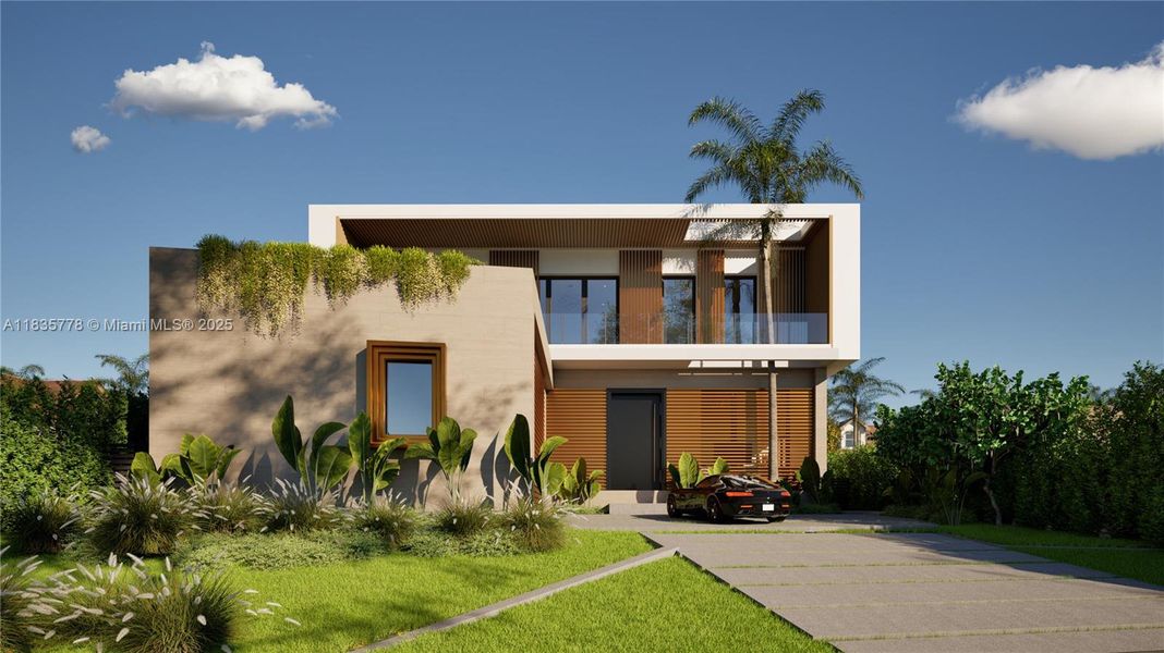 Front exterior of a new home in , Miami Beach, FL, highlighting curb appeal (Image 1). Front exterior of a new home in , Miami Beach, FL, highlighting curb appeal (Image 1).