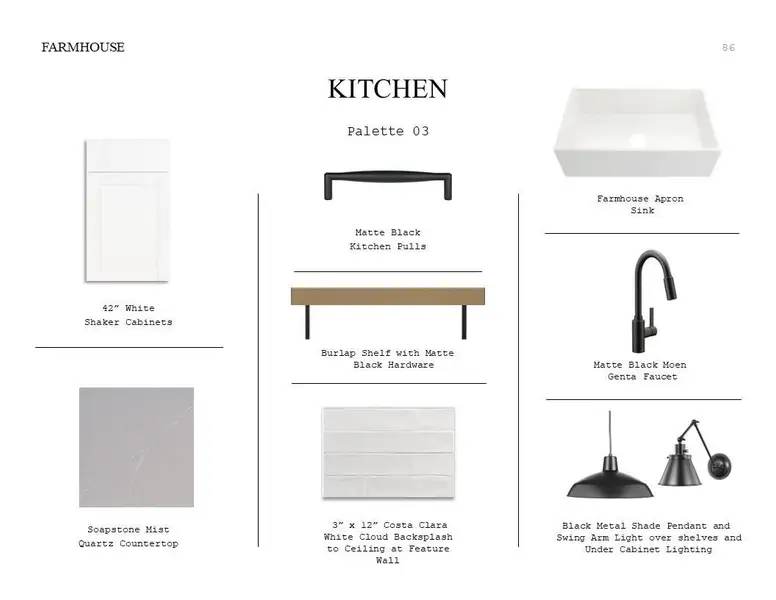 Farmhouse Look Palette 3: Kitchen Selection Sheet (*Artist rendering used for illustration purposes only.)