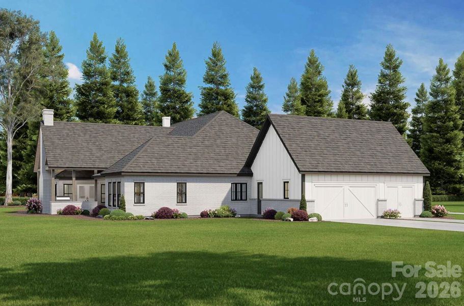 The combination of vertical board-and-batten siding, light-colored brick, and black-framed windows continues the elegant, contemporary farmhouse style. The combination of vertical board-and-batten siding, light-colored brick, and black-framed windows continues the elegant, contemporary farmhouse style.