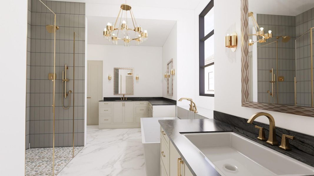 Have a spa day everyday in your lavishly appointed primary bath! Features include: double sinks, sit down vanity, vessel tub and large walk-in shower with stone floors.