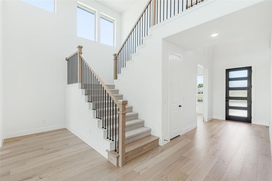 Bright entryway with carpeted staircase, wood handrail, black iron balusters, and light hardwood floors leading to a glass-panel front door.