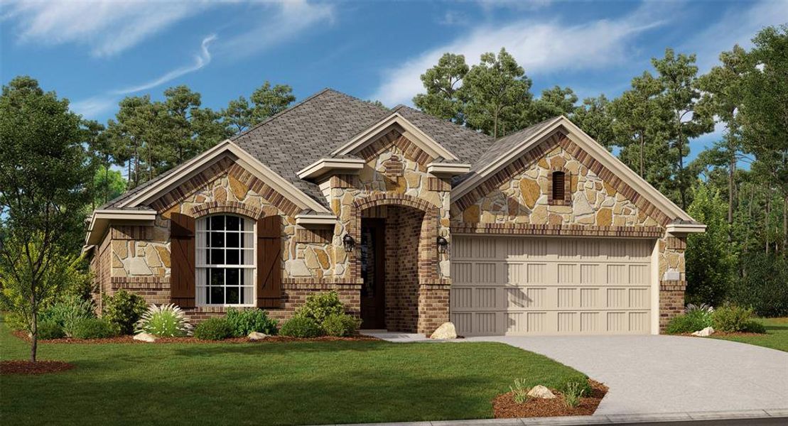 View of front of house with a garage and a front yard