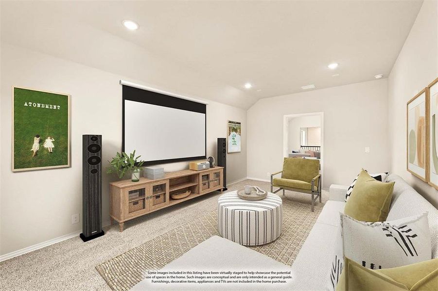 Home theater featuring light colored carpet, recessed lighting, and lofted ceiling