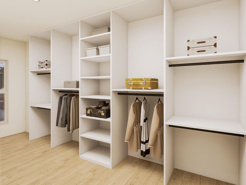 The ROCcreek’s large walk-in primary closet offers generous hanging space, ample shelving, and an efficient layout designed to keep everything organized and easily accessible—providing the storage you want without sacrificing style or function. Image shown is an artist’s rendering; final colors and selections may vary. Please see the New Home Consultant for details.