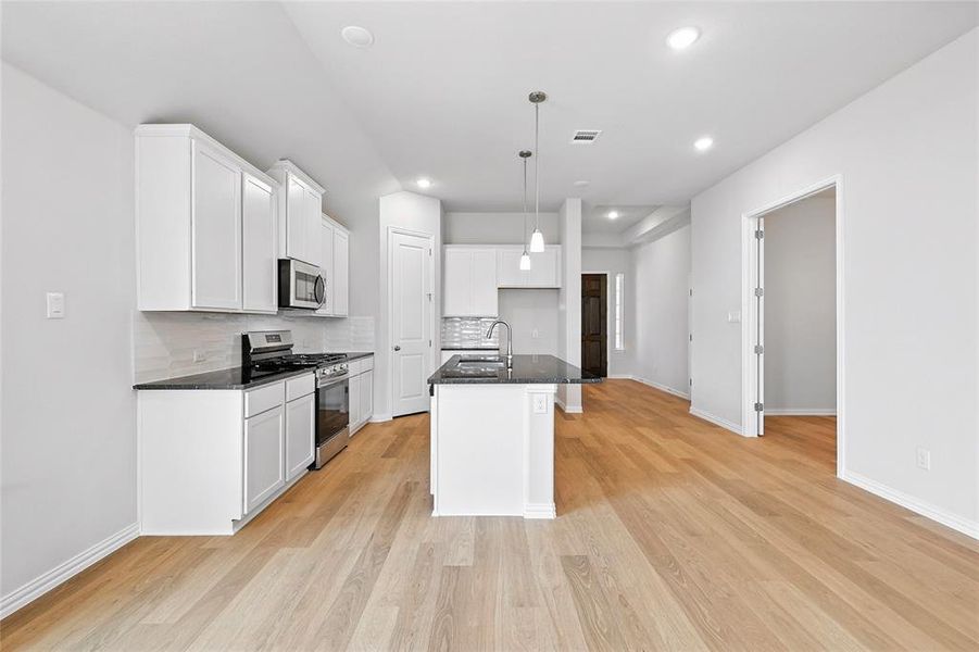 Kitchen with stainless steel appliances, dark countertops, backsplash, light wood-style flooring, and recessed lighting Kitchen with stainless steel appliances, dark countertops, backsplash, light wood-style flooring, and recessed lighting