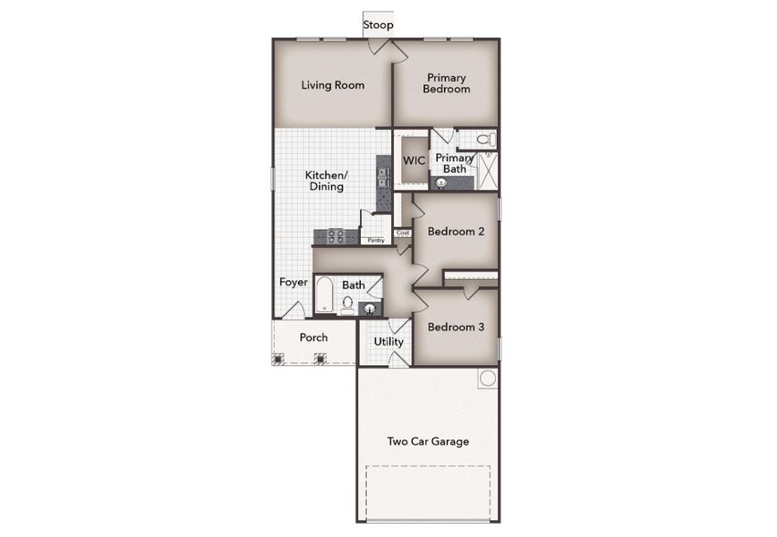 2D floor plan layout for the Heritage Mill 1230 by Brohn Homes in Heritage Mill, Hutto, TX (Image 3).