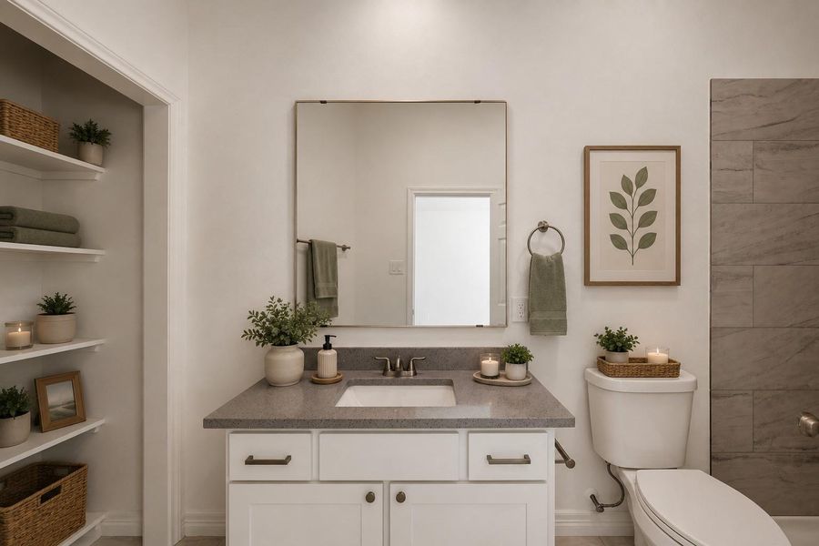 Primary bathroom with quartz countertops & abundant storage *Virtually staged*