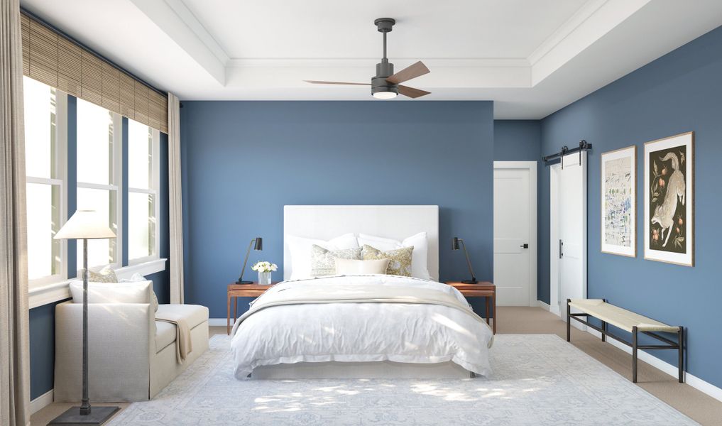 Primary suite with coffered ceiling and private bath