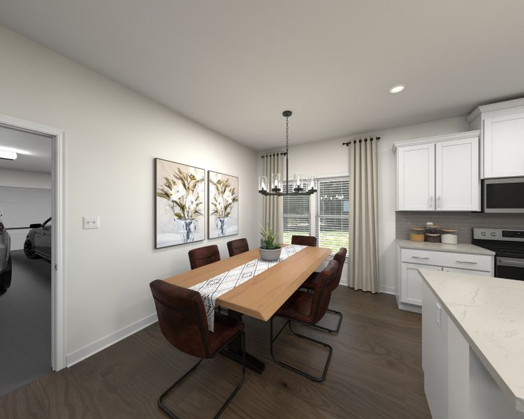 The open-concept floorplan allows for an easy flow between the kitchen and dining areas.