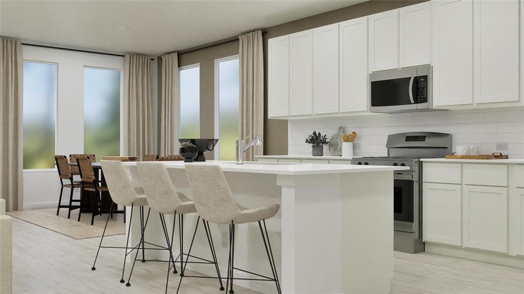 Kitchen with stainless steel appliances, a kitchen island with sink, white cabinetry, light wood-style flooring, and backsplash