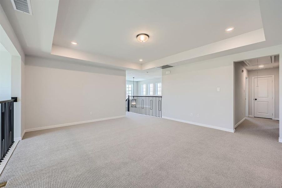 Unfurnished living room featuring light carpet and a tray ceiling