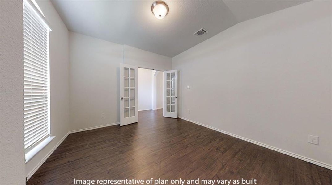 Unfurnished bedroom with french doors, lofted ceiling, and dark wood-type flooring Unfurnished bedroom with french doors, lofted ceiling, and dark wood-type flooring