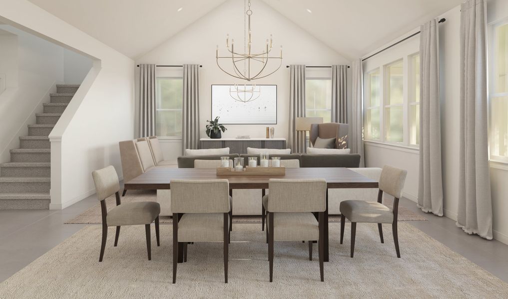 Dining area with chandelier overlooking great room