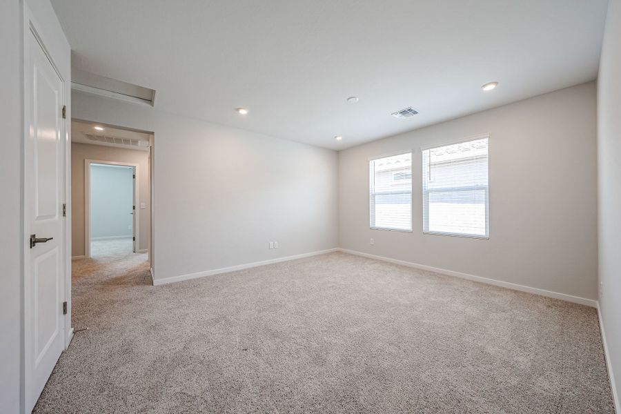 A room with a carpet and windows.