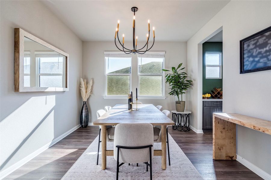 Formal dining room soaked in light.