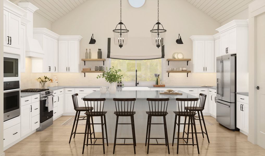 Kitchen with pendant lighting and vaulted ceiling Kitchen with pendant lighting and vaulted ceiling