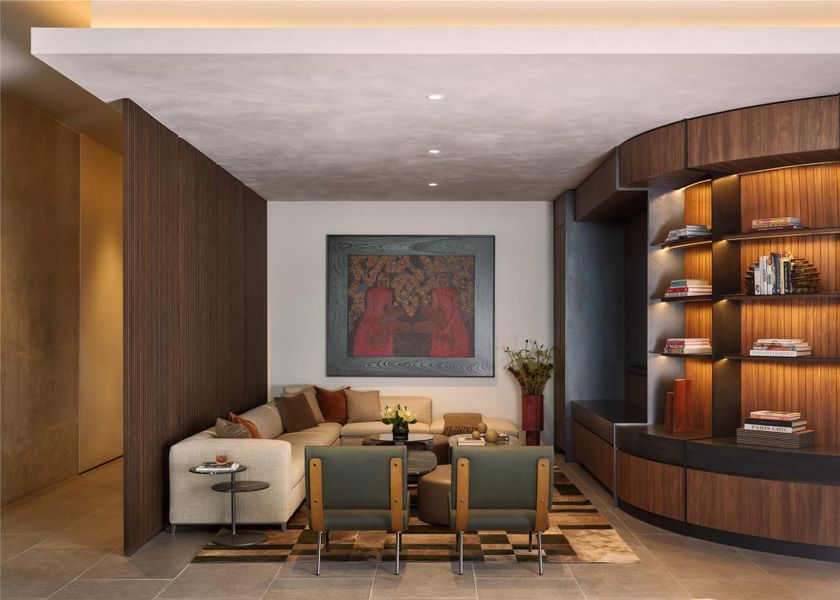 Custom wood paneling and integrated built-ins define this elegant architectural space. Custom wood paneling and integrated built-ins define this elegant architectural space.