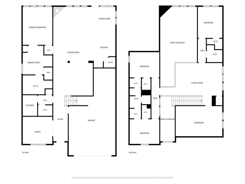 This is a two-story floor plan. The first floor features an open living area, kitchen, dining area, primary bedroom with en-suite bathroom, office, laundry, and a garage. The second floor includes multiple bedrooms, each with a walk-in closet, additional bathrooms, and a large living space open to below. This is a two-story floor plan. The first floor features an open living area, kitchen, dining area, primary bedroom with en-suite bathroom, office, laundry, and a garage. The second floor includes multiple bedrooms, each with a walk-in closet, additional bathrooms, and a large living space open to below.