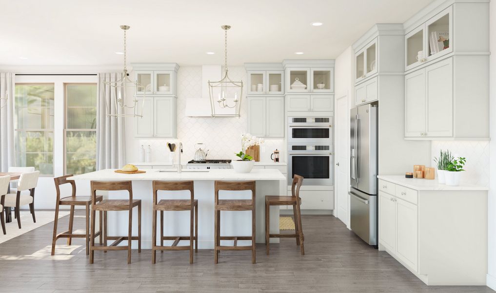 Kitchen with glass upper cabinets and pendant lighting