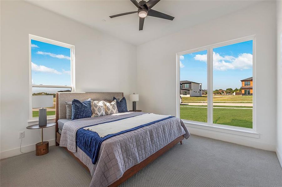 Carpeted bedroom featuring multiple windows and ceiling fan