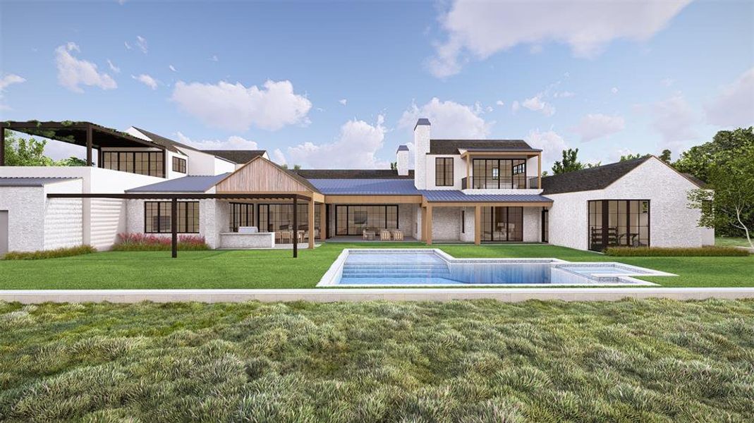 Expansive rear exterior featuring a multi-level design, an in-ground swimming pool with an integrated spa, and a spacious green lawn Expansive rear exterior featuring a multi-level design, an in-ground swimming pool with an integrated spa, and a spacious green lawn